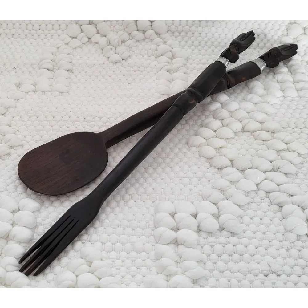 Vintage Handcarved African‎ Wooden Fork & Spoon Tribal Folk Art